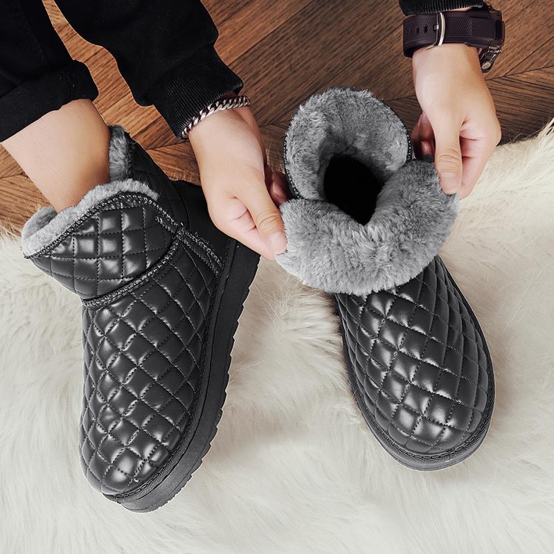 Leather Snow Boots Men's High Top Thermal Fleece Lined Winter Shoes Anti-Slip Cold Weather Boots Outdoor Cotton Casual Shoes