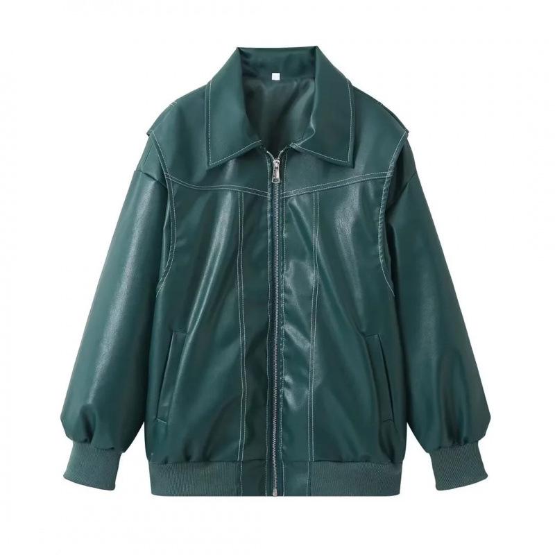 

European & American Women s Vintage Motorcycle Leather Jacket Coat L темно-зелений колір