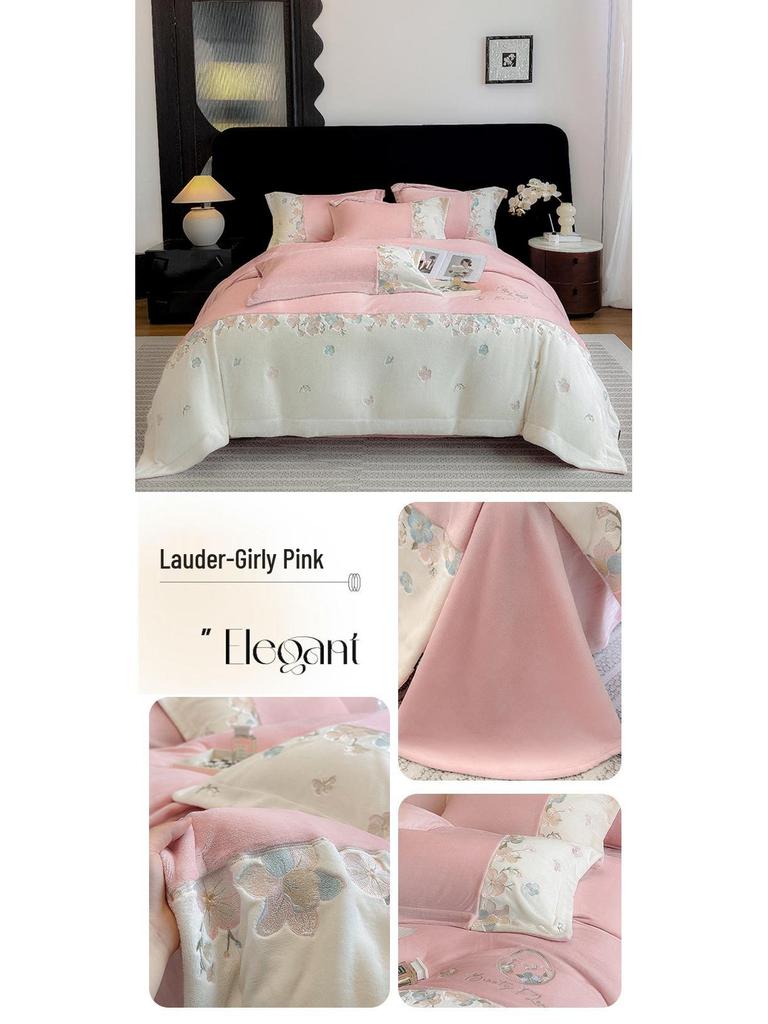 Embroidered Extra Thick Milk Velvet Four-Piece Winter Bedding Set—Duvet & Fitted Sheet, Full Matte Double Color