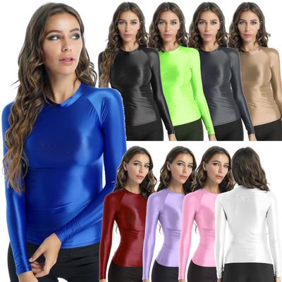 Kadın Parlak Uzun Kollu Tişört Bayanlar Düz Renk Slim Fit Nefes Üstleri Yoga Spor Giyim