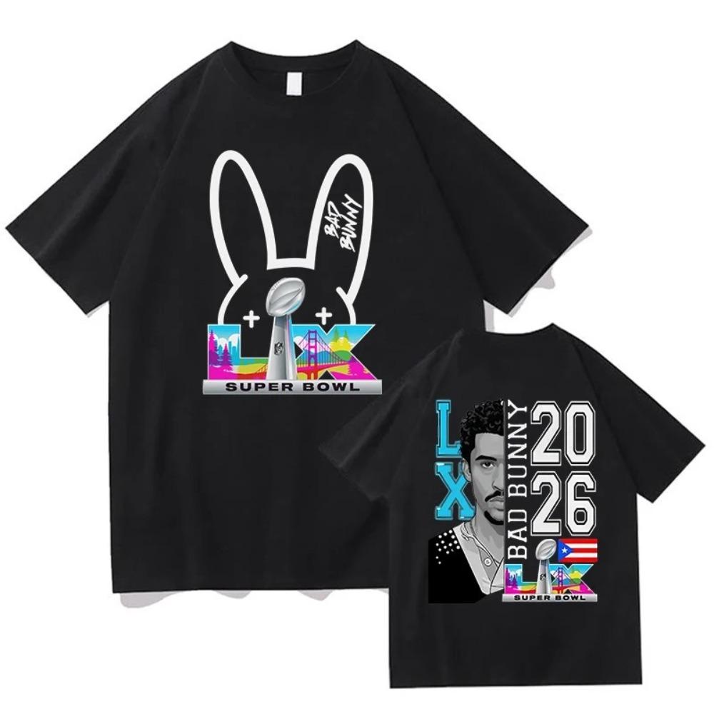 Bad Bunny Суперкубок LIX 2026 Двусторонняя Оверсайз Футболка, Латиноамериканский Артист Графическая Футболка NFL, Унисекс Повседневный Топ 4XL