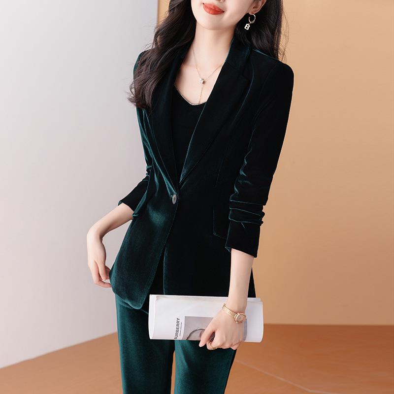 Formal Business Suits for Women Autumn Winter High Quality Fabric Velvet Work Wear Suits Pantsuits OL Professional Trousers Set