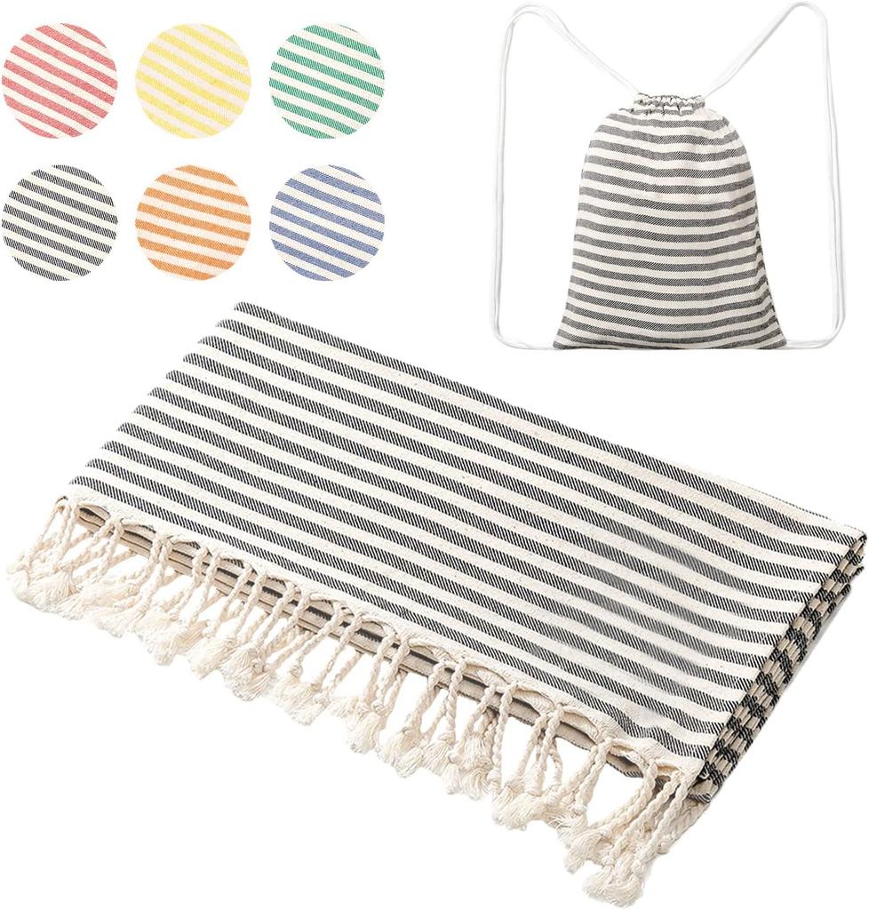 High Quality Custom Cotton Tassel Turkish Hammam Stripe Fouta Beach Towels Bag Printed Summer Use for Bath or Swim