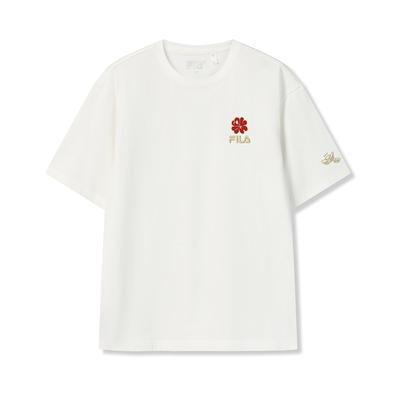 Fila Original Peony Flower T Fashion Simple Classic Retro Casual Sports Comfortable Knitted Loose Short Sleeve T-Shirt Unisex Tops F51U619101FWT