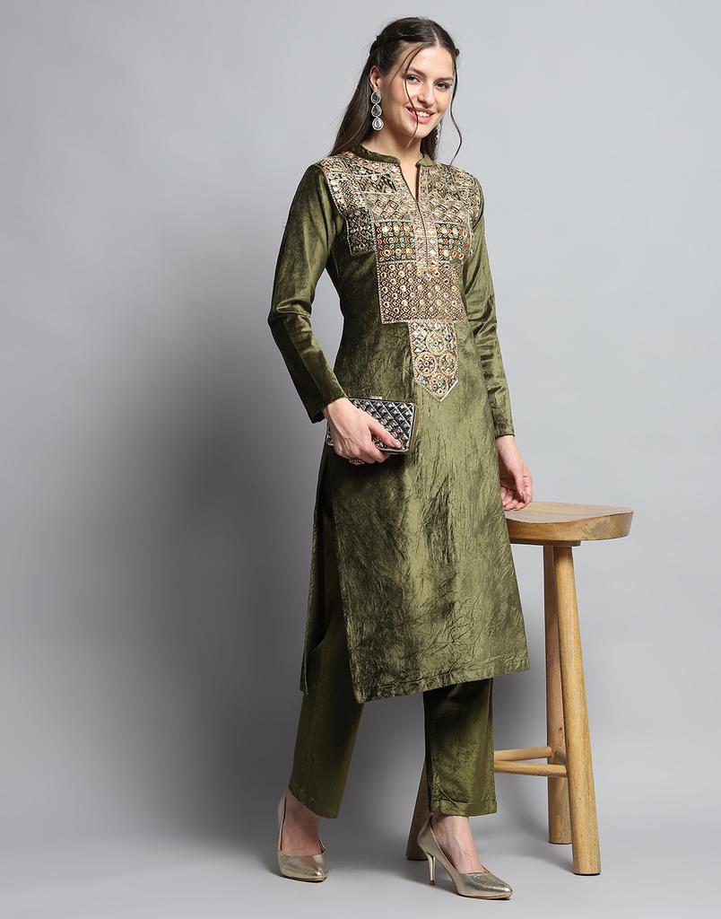 MONTE CARLO Womens Self Design Green Round Neck Full Sleeve Kurti Set
