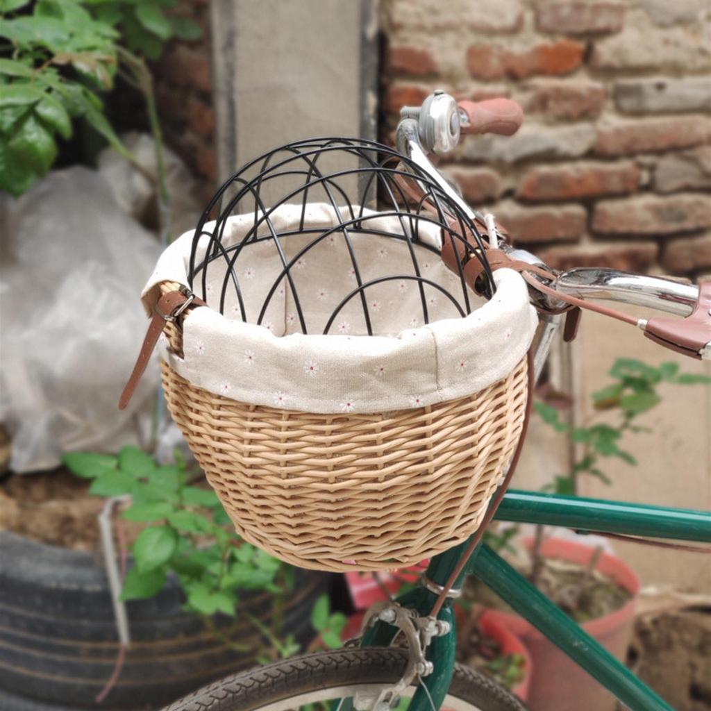 Wicker Bike Basket for Small Dogs Cats Pet Carrier Front Basket with Wire Mesh Cover