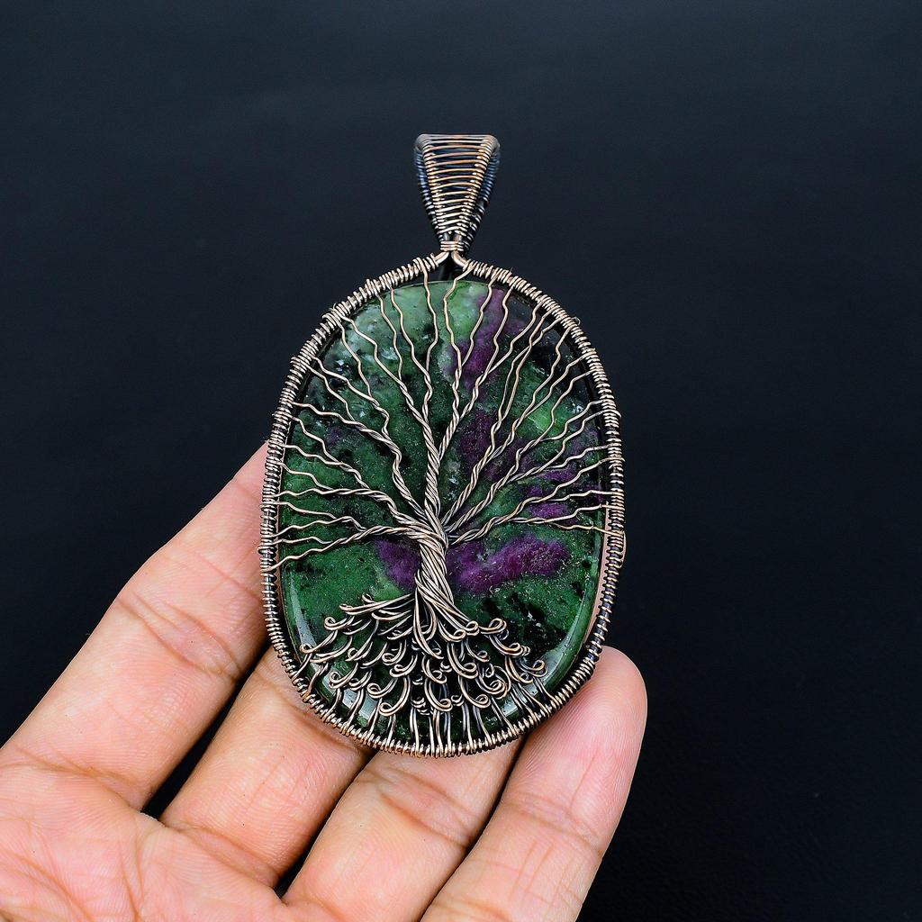 Tree Of Life Ruby Zoisite Pendant Gemstone Jewelry, 999 Copper Wire Wrapped Handmade Pendant, Latest Design Jewelry
