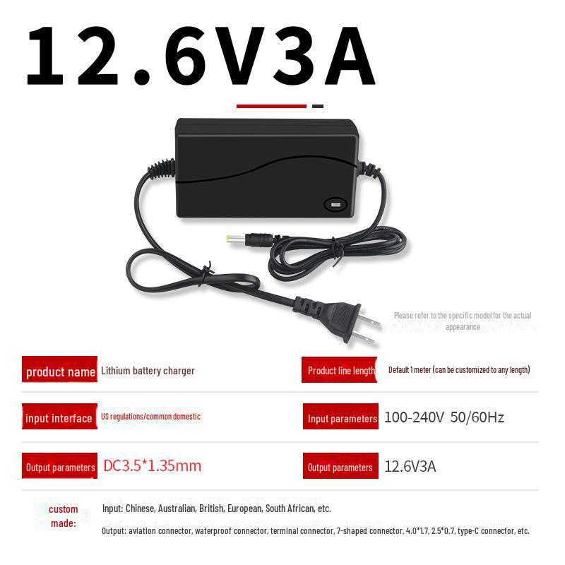 12.6V 3A Lithium Battery Charger for 3-String 18650 Batteries - Compatible with Electric Screwdrivers, Hand Drills, and Lights
