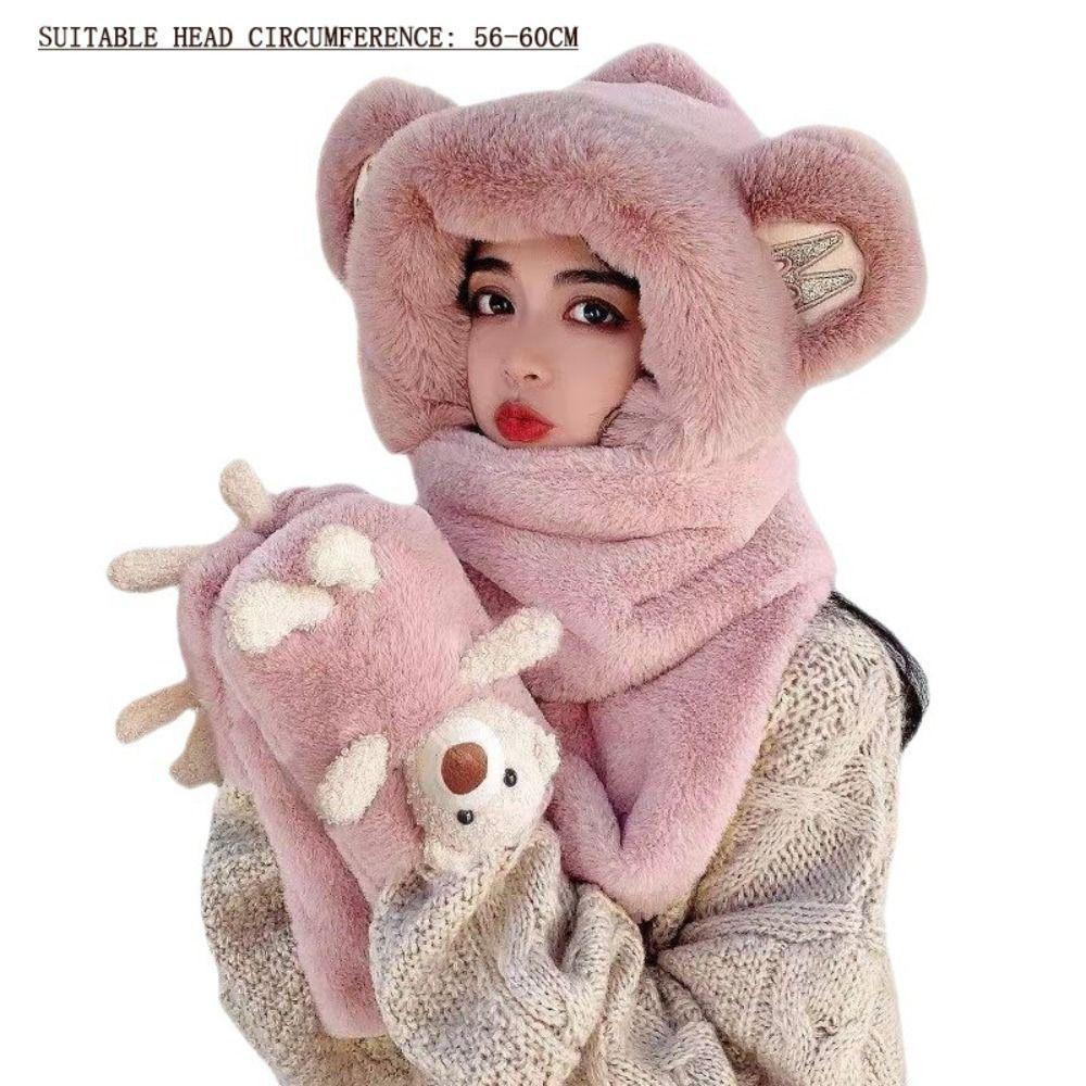 Cute Bear Ear Women Beanies Cap Thickened Plush Integrated Cap Scarf Hat Scarf Gloves Set Outdoor
