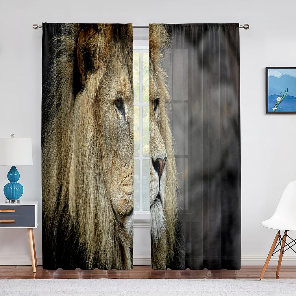 Löwenpaar Landschaftsmalerei Wolken Wildtiere Transparente Vorhänge für Wohnzimmer Schlafzimmer Küchendekor Fenstervoiles Tüllvorhang