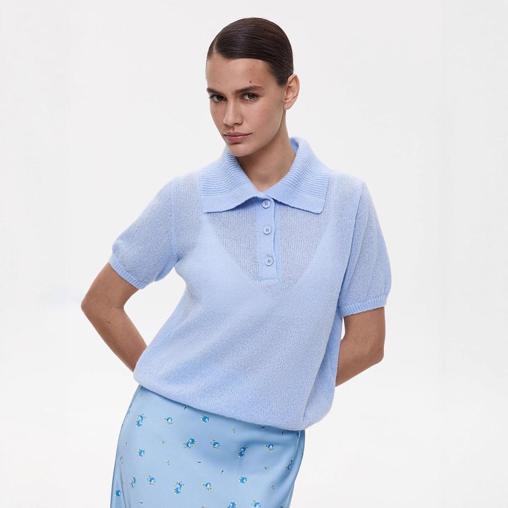 Summer Spring New Women's Hollow Out Knit POLO Short Sleeve Bubble Sleeve Simple Knit Top T-shirt