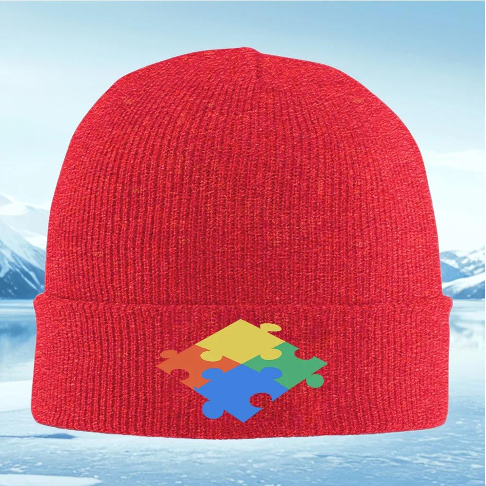 Connected puzzle pieces colored together Unisex Women Unisex Knitted Hat Beanie Pullover Cap Winter Thermal Warm Christmas Out