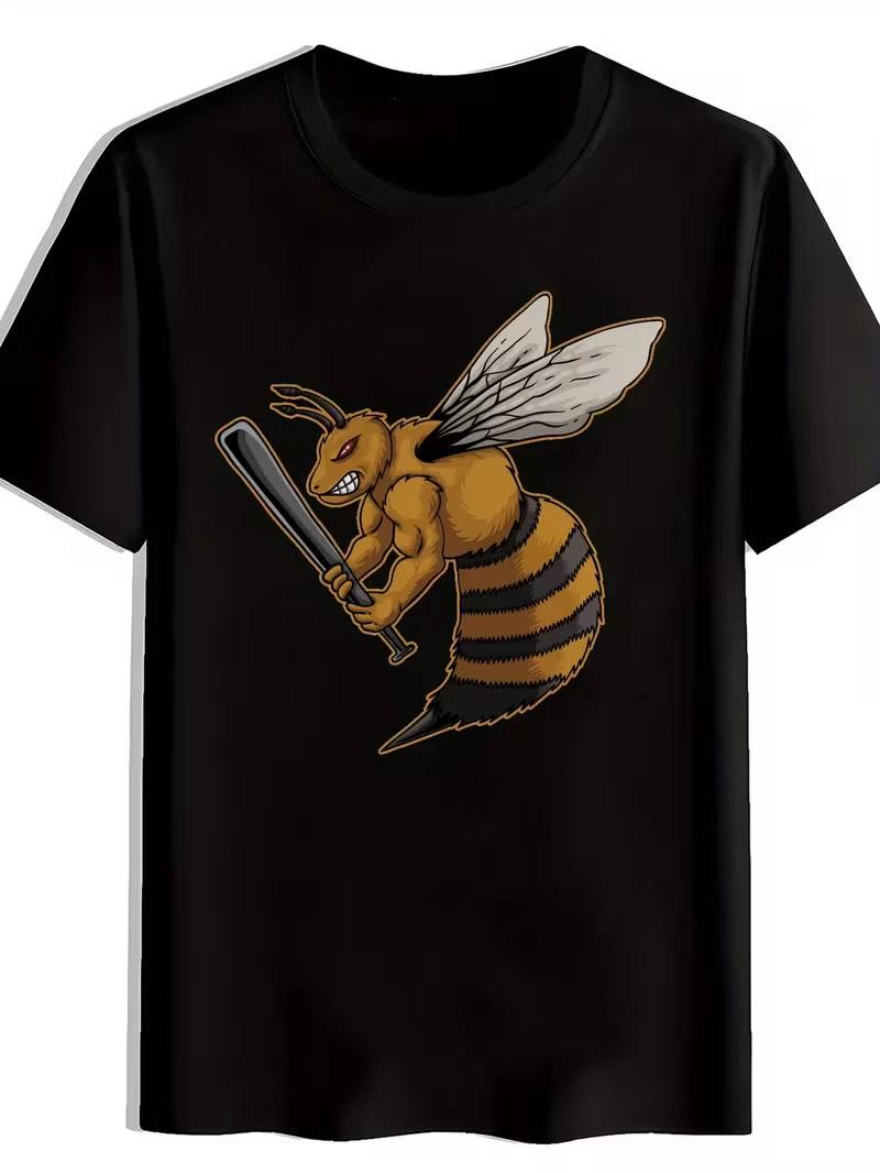 Men s Casual Black T-Shirt with Cartoon Bee Graphic – Soft Crew Neck Tee, Short M