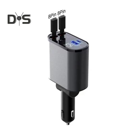 Cargador de coche con cable retráctil doble tipo C 8 pines USB 3A 2.4A Voltaje Pantalla digital Universal 100W Carga rápida de alta potencia Carga automotriz