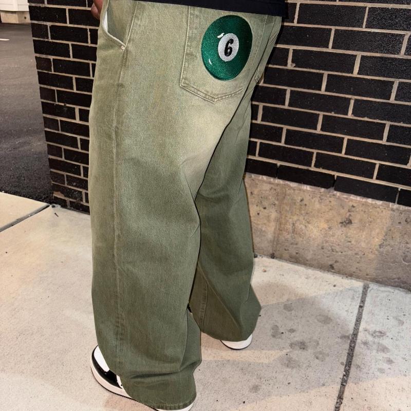 Y2K Street Matcha Džínové Kalhoty Kapsa Zelená Kulička Výšivka Džínové Kalhoty Londýnský High Street Trend Streetwear Unisex Volné Džíny