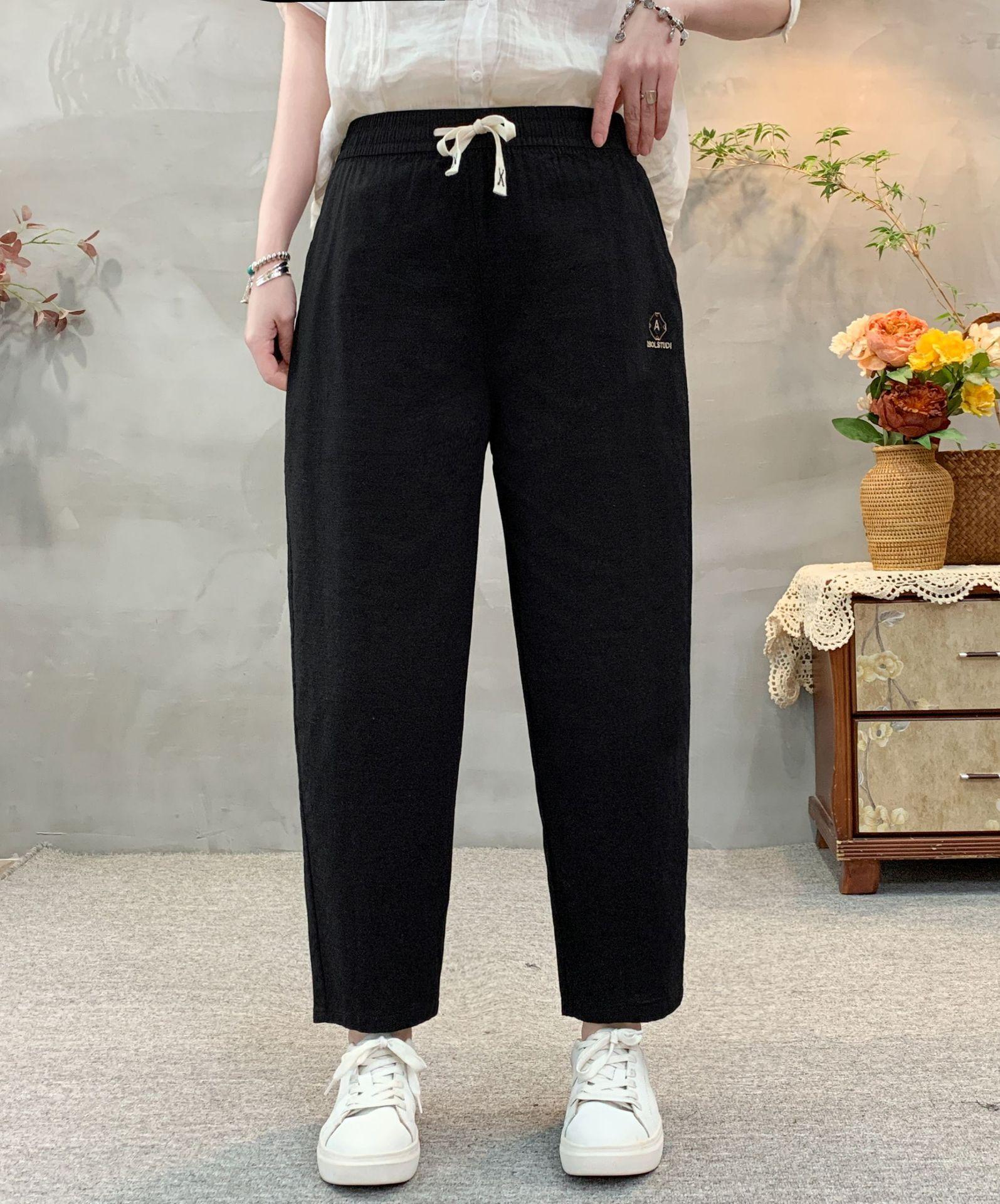 Women s High Waist Drawstring Linen Blend Harem Pants Loose Fit Nine Minute Trousers 2XL чёрный