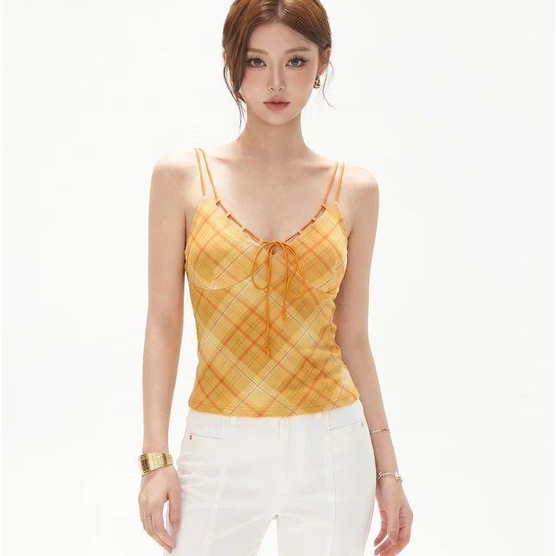 American retro plaid V-neck small suspender women's summer new waist and thin sexy top
