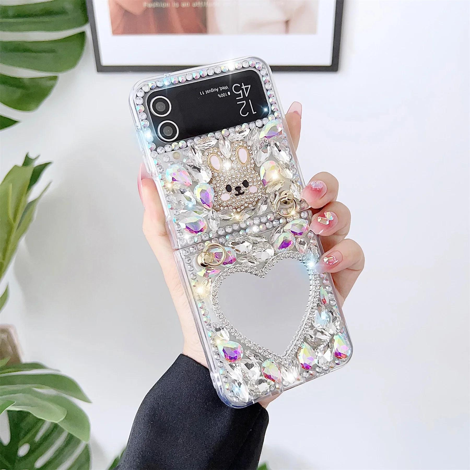 

Для Samsung Galaxy Z Flip 6 3 4 2 1 5 Роскошный модный корейский модный блестящий чехол с бриллиантами и кроликом, зеркальный блестящий кристалл For Z Flip 3