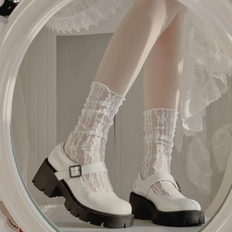 White Lace Stacking Socks Children S Medium Tube Socks Summer Mesh Thin Japanese Jk Flowers Mary Jane Fairy Socks one size