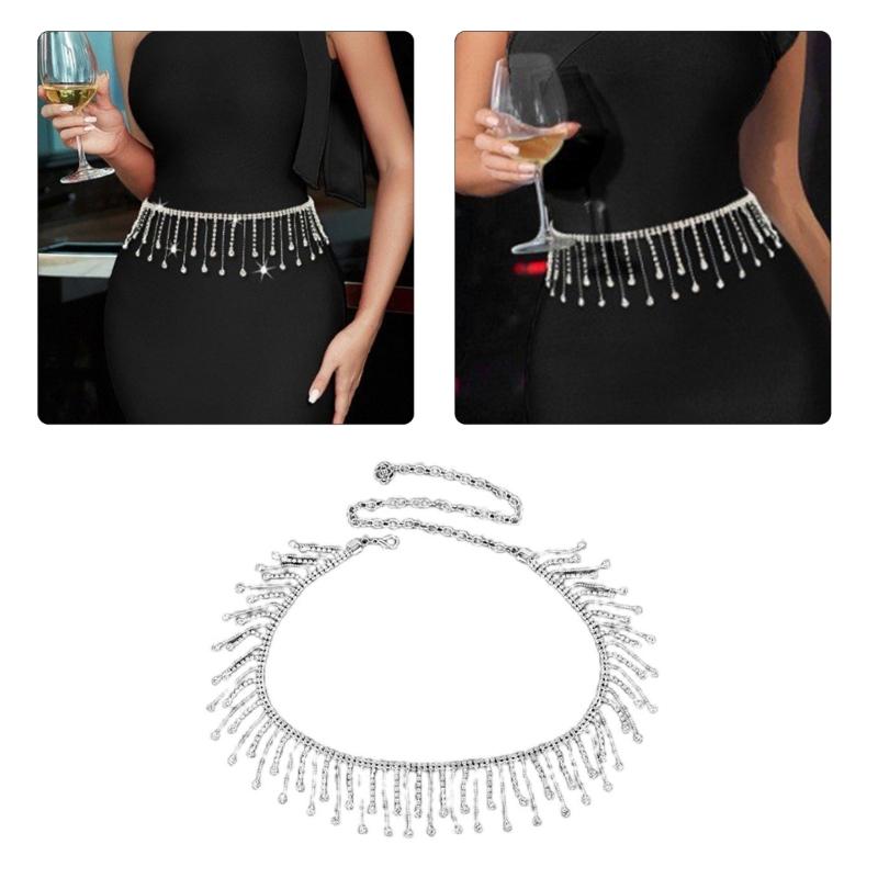 Lightweight Metal Waist Chain for Women Lady Dress Belt with Rhinestone Fringe Female Disco Party Dress Waist Rope