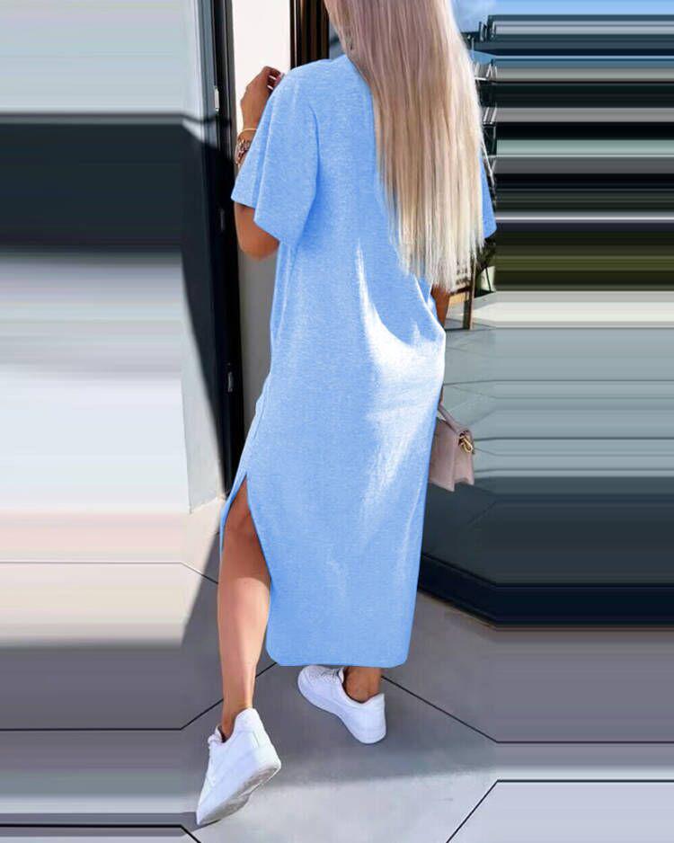 2024 Summer Women's Solid Color Short Sleeve Round Neck Slit Hem Dress