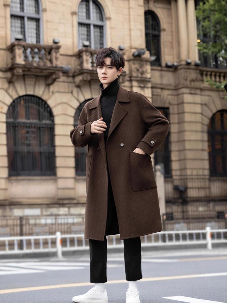 Men's Double-Sided Wool Blend Mid-Length Coat: Thickened Korean-Style Windbreaker for Autumn and Winter.