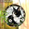 Acrylic Tuxedo Cat with White Flowers Suncatcher, Stained Glass Effect Window Hanging Ornament for Cat & Pet Lover Gifts