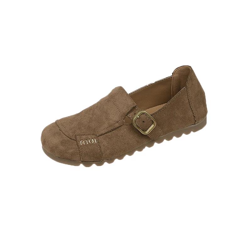 

Ladies Wide Suede Flats Woman Buckle Round Toe Slip-on Moccasins Medium Heel Women Flock Loafer Brand Luxury Zapatillas De Mujer 40
