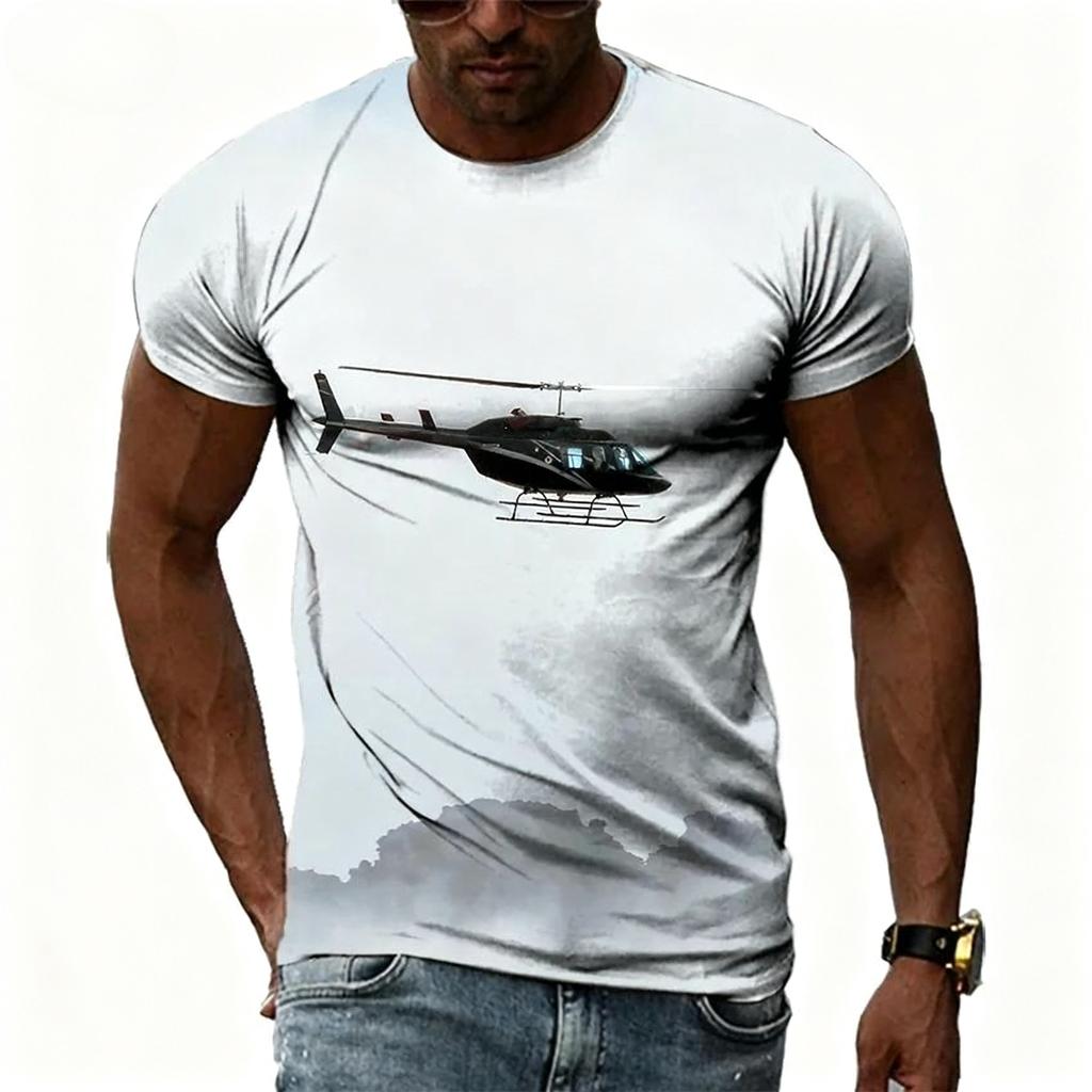 Summer Round Neck 3D Helicopter Pattern Print Top Fashionable Casual Short Sleeved Men's T-shirts