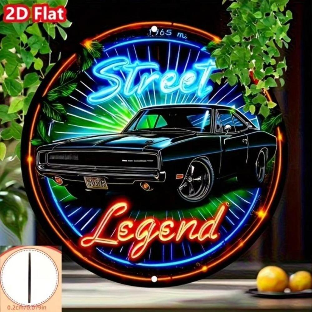 Vintage Neon Muscle Car 2D Flat Metal Art Sign 8x8 Inch Home Garage Decor