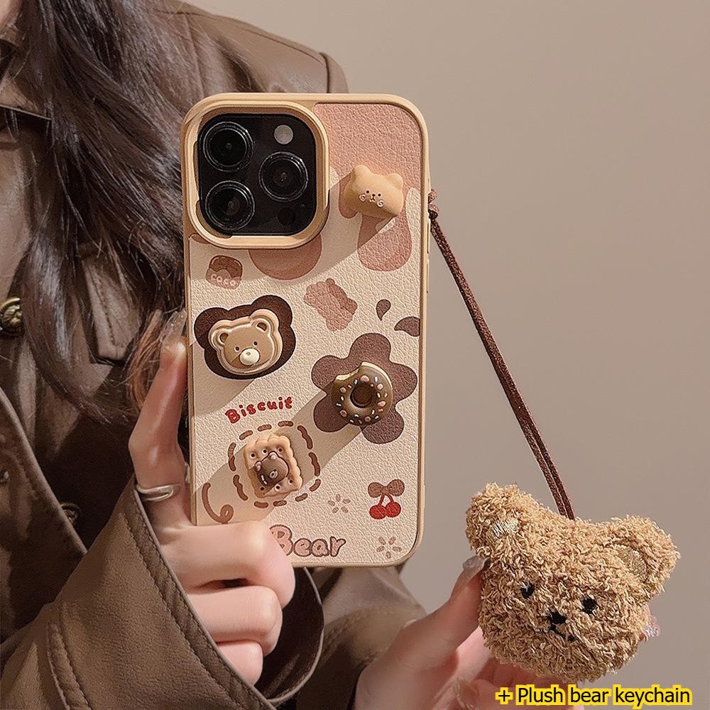 3D Cookie Bear Apple IPhone 16/17 Pro Max Leather Case for IPhone 13/15 Cute Lanyard