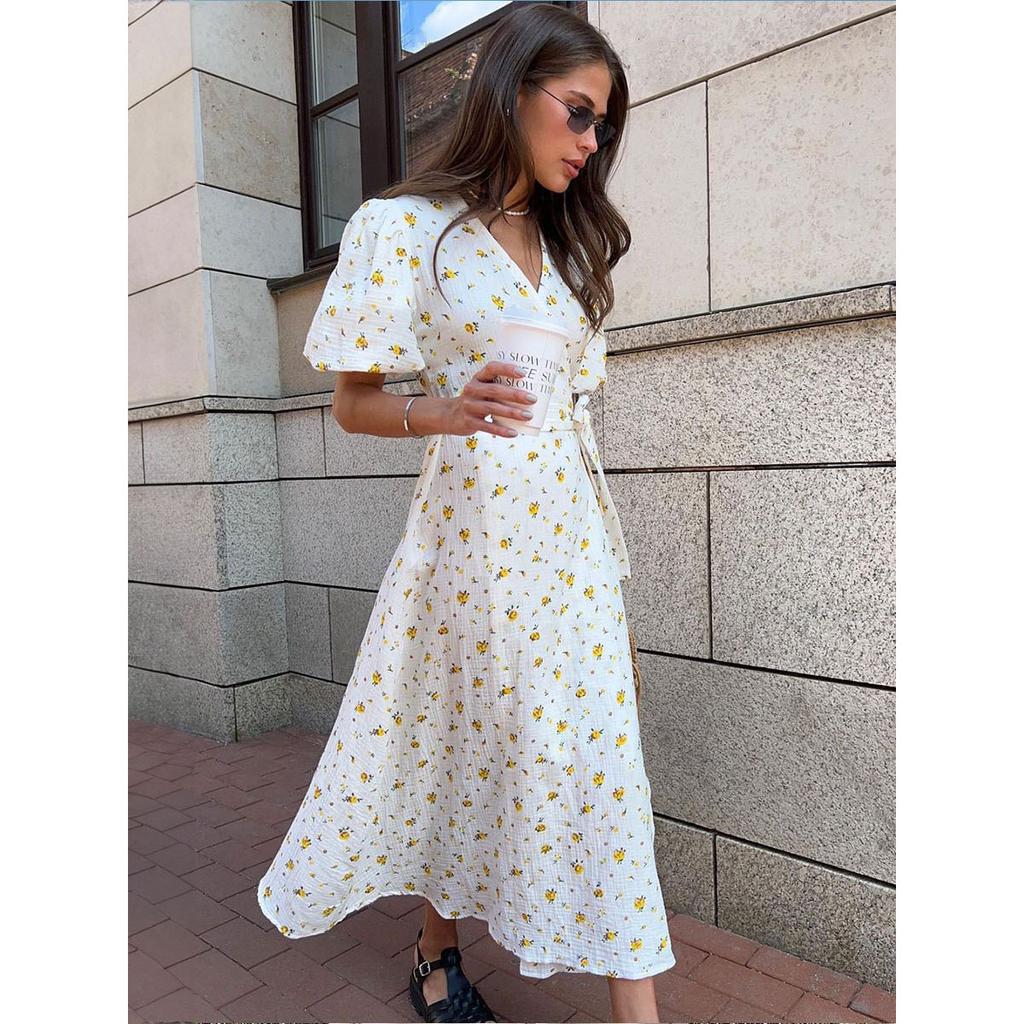 Casual Women's Summer Dresses Cotton Floral Print A-line Midi Dress with Side Slits Long Elegant White Dress for Women