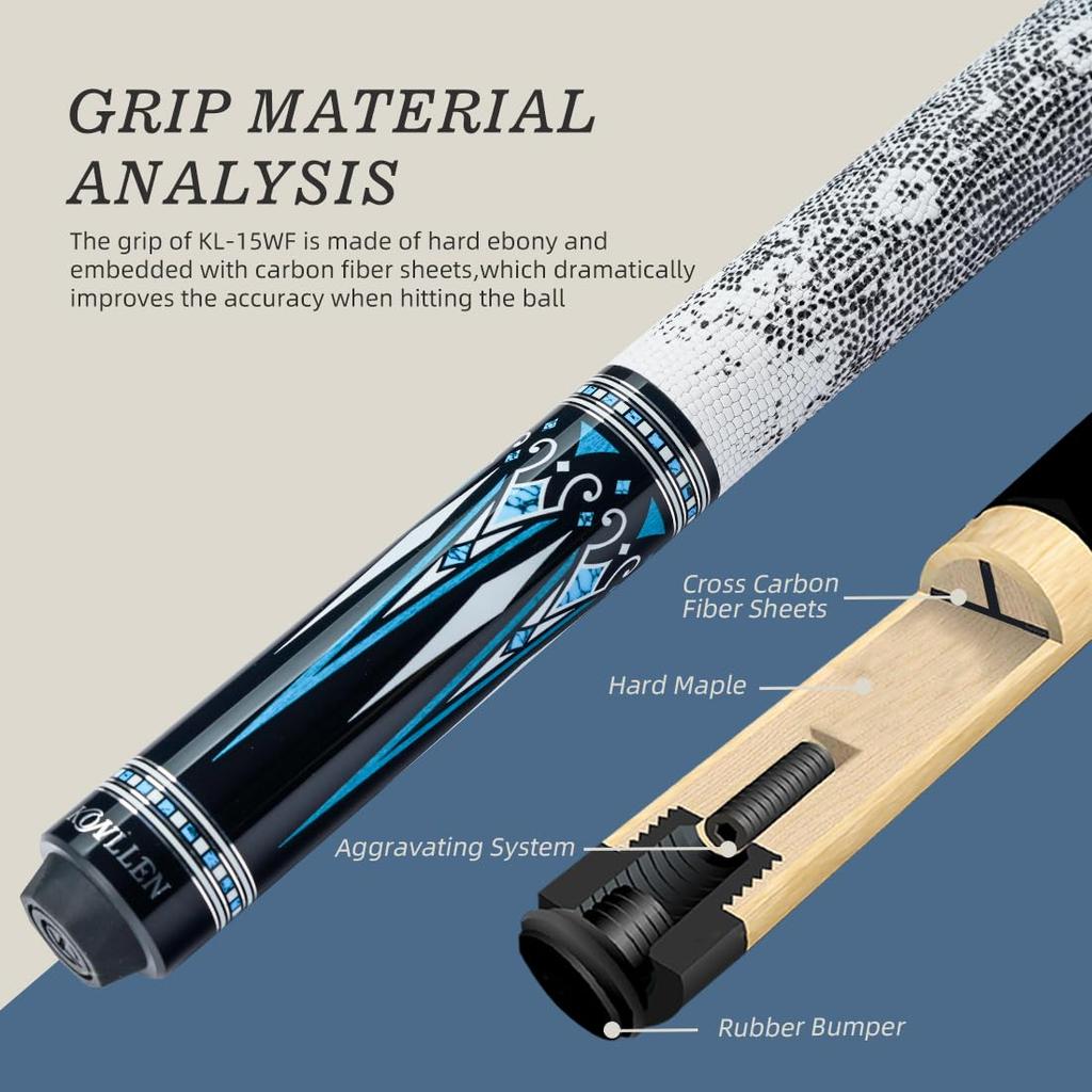 KONLLEN Kohlefaser Pool Queue Vollcarbon Low Deflection Pool Billard Queue mit Spitze Pro Ultra Stick, 58 Zoll, Erwachsener, Technologie, Queue, 12,5 mm (Einfach