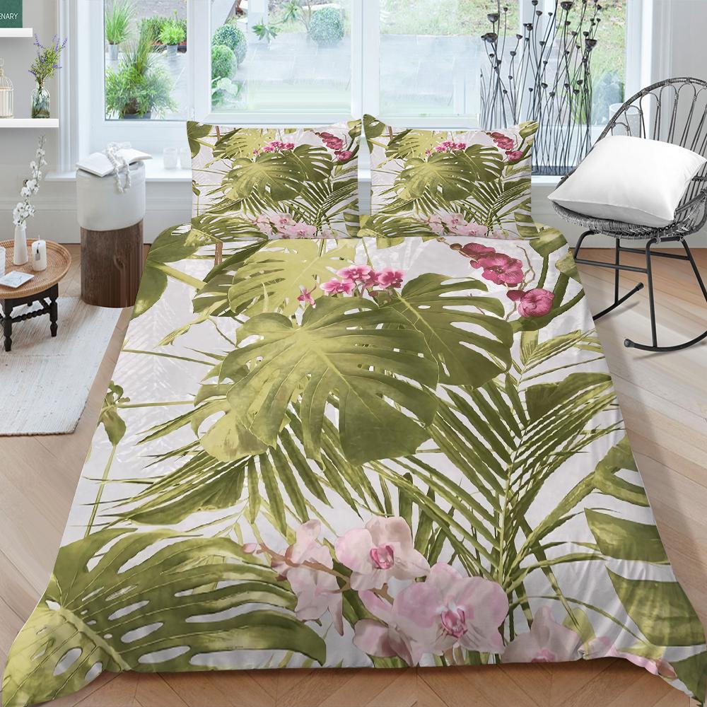 Rodinné povlečení Jednolůžko Jednolůžko v plné velikosti Rostlinný tisk Série Povlečení Vzor listů Povlak na polštář a povlak na přikrývku Pratelná domácí dekorace