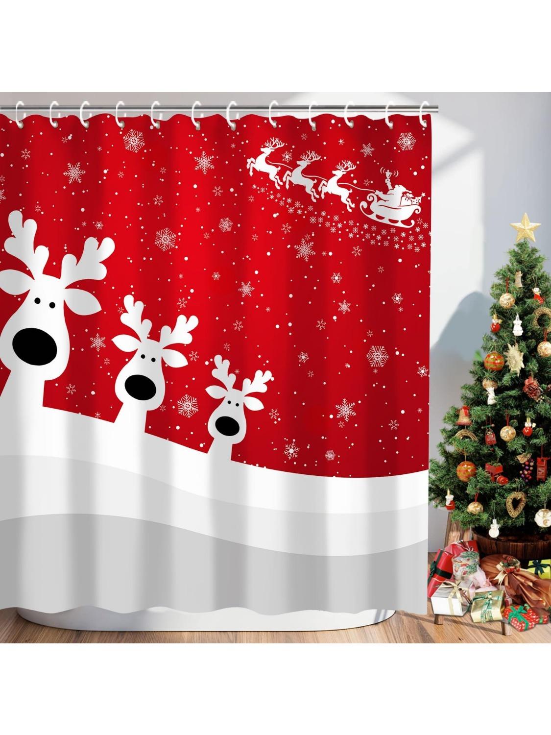 

Funny Reindeer Red Christmas Shower Curtain With 12 Hooks Holiday Xmas Christmas Shower Curtains For Bathroom Christmas Decor, W60H190(CM)-1 Pcs