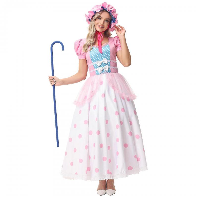 Toy Story Bo Peep Cosplay Kostüm Rosa Gepunktetes Kleid Halloween Party Erwachsenen Rollenspiel Outfit mit Hut Krinoline Set