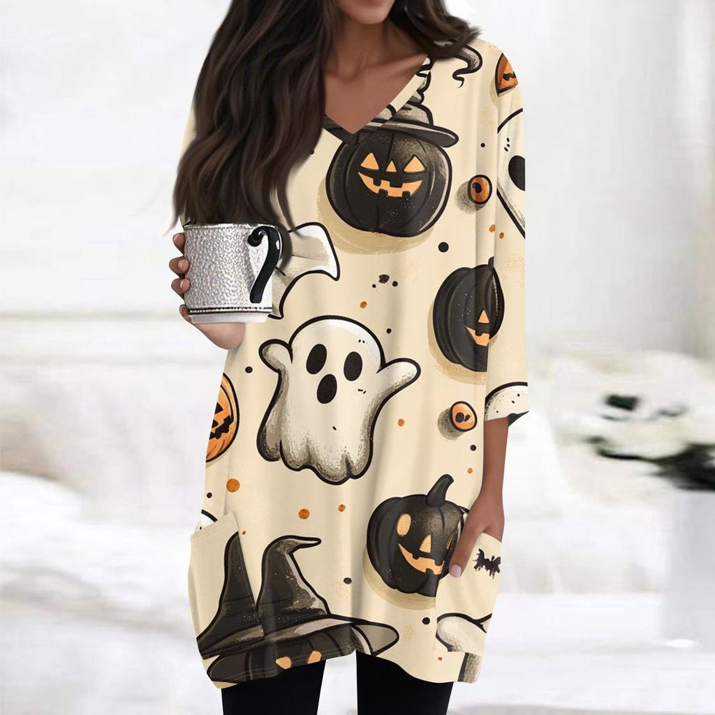 Womens Tops V-neck 3/4 Sleeve Blouses Casual Mid-length Shirts Fashion Halloween Print Tunic Tops With Pockets