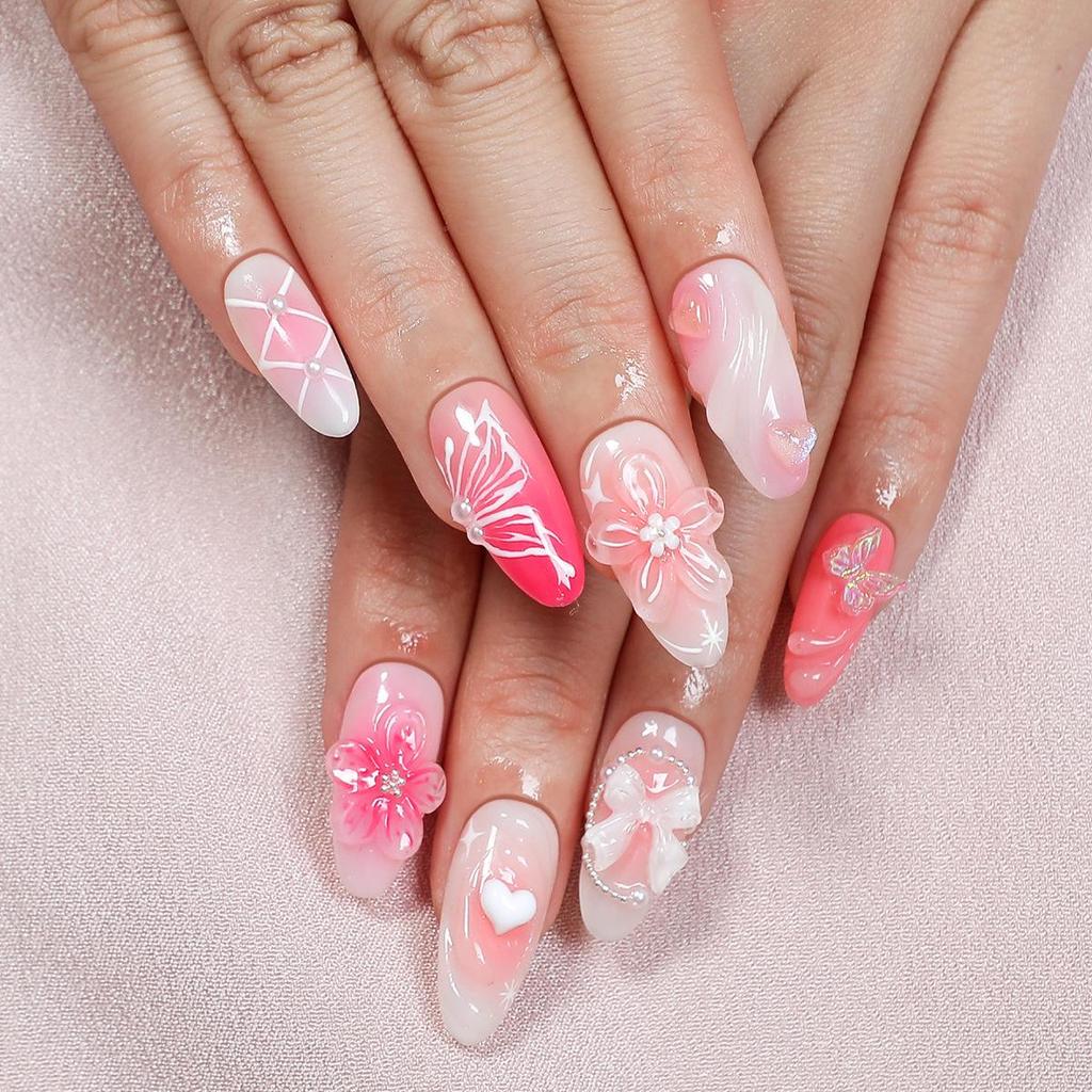 3D Bow Gradient & Blush Flower Almond Press-on Nails