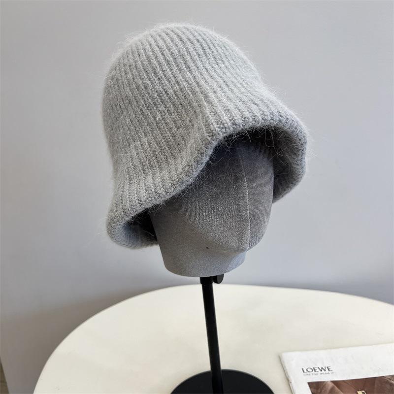 Rabbit hair blended wool knitted vertical striped bucket hat women's autumn and winter warm solid color literary fisherman hat