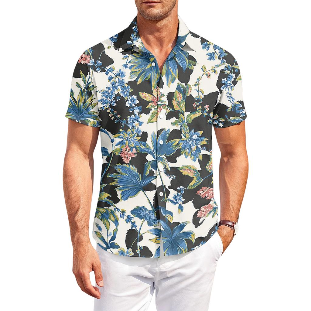 Men's Casual Loose Fit Hawaiian Print Short Sleeve Shirt Lightweight Breathable Summer Beachwear Button Down Shirt