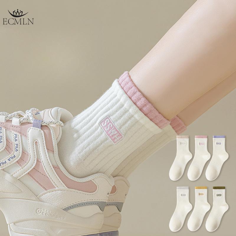 Women's Double Cuff Mid-tube Socks Breathable and Sweat-absorbing Cotton Socks Trendy Cotton Socks Casual Sports Socks for Women