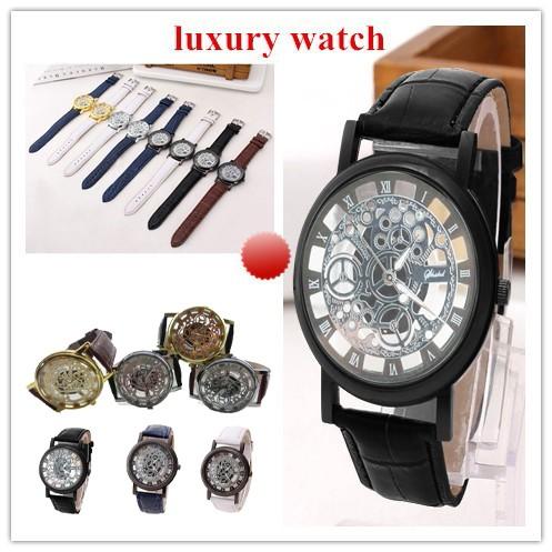 Men’s Skeleton Mechanical Watch with White Leather Strap, Roman Numerals, Transparent Dial, Classic Vintage Design, Automatic Movement