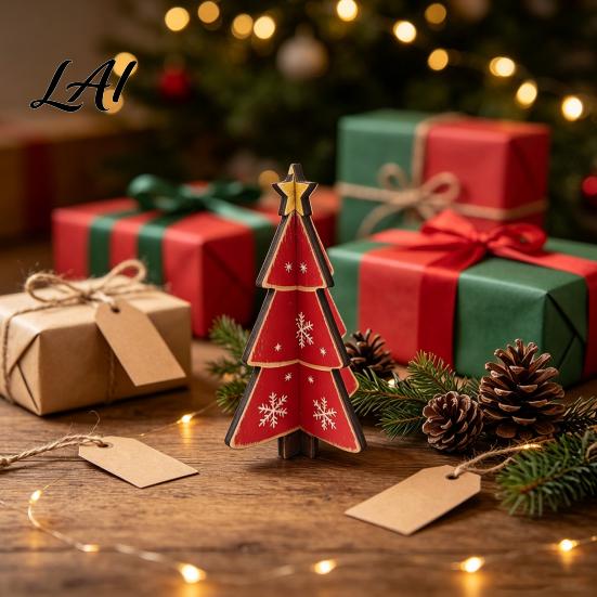 Small Decorative Wood Crafts Wooden Christmas Tree Tabletop Decoration Rustic 3D Interlocking Ornaments Vintage Hand Painted Retro Holiday