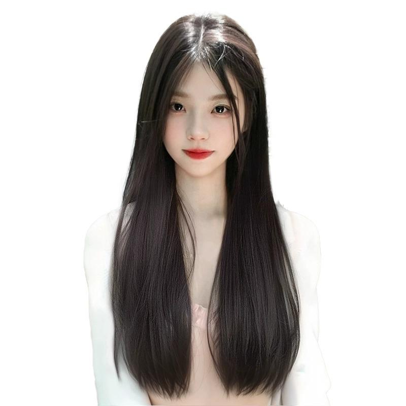 Schwarze lange gerade Perücke im koreanischen Stil mit Mittelscheitel und Pony - Vollkopfbedeckung für Damen