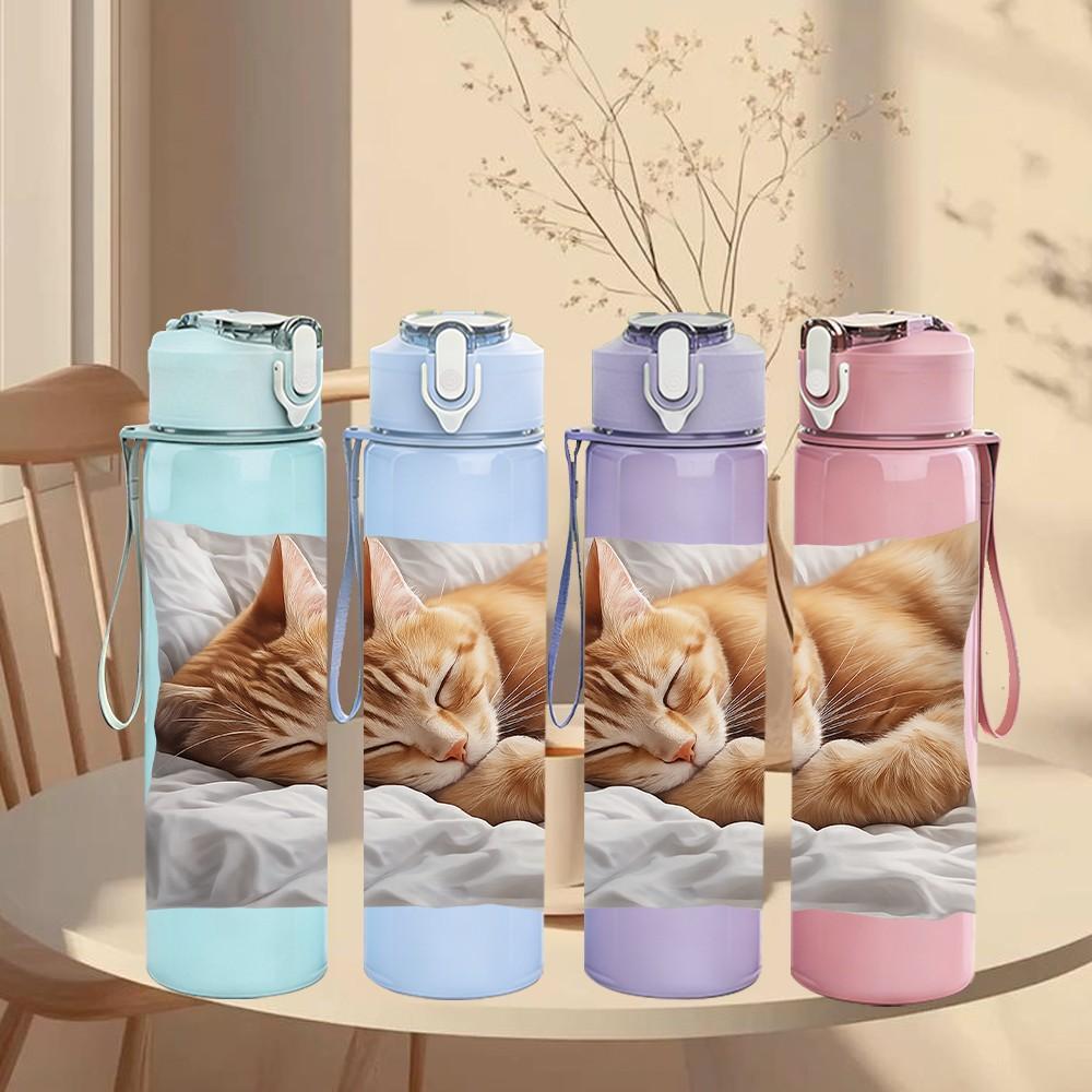 1PC Sleeping Cat Cozy Animal Print 750ml Color Plastic Sports Water Bottle Leakproof Flip Straw Lid Suitable for Sports Office Home Use
