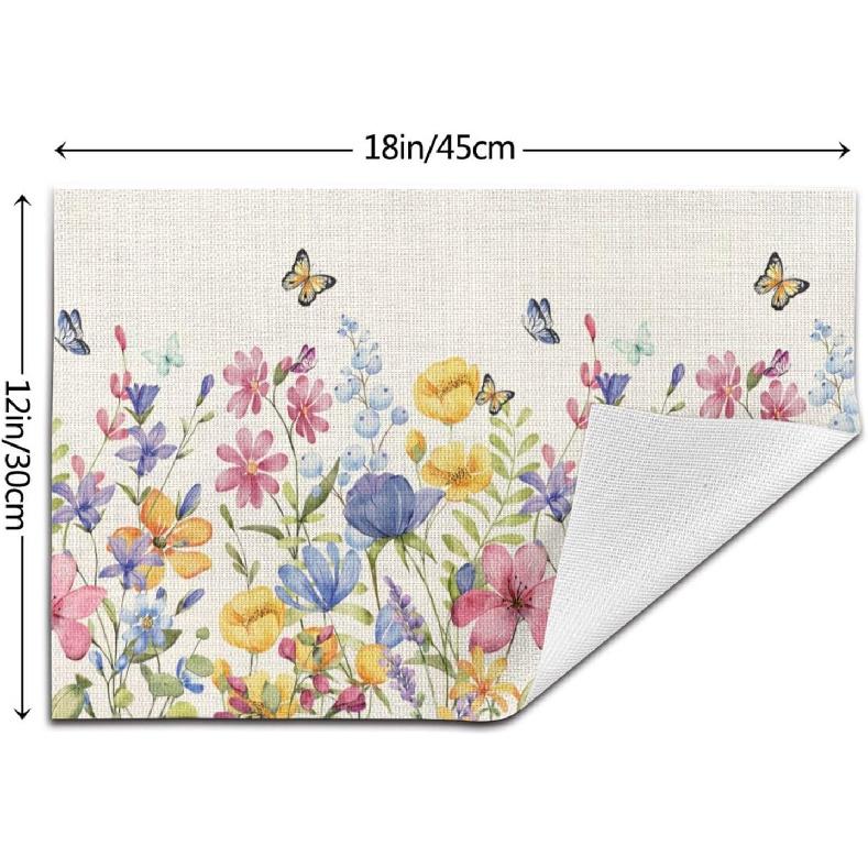 Spring Floral Placemats 12x18 Inches Set of 4 Colorful Flower Butterfly Decorative Rectangle Table Mats Summer Colorful Linen Place mats for Party
