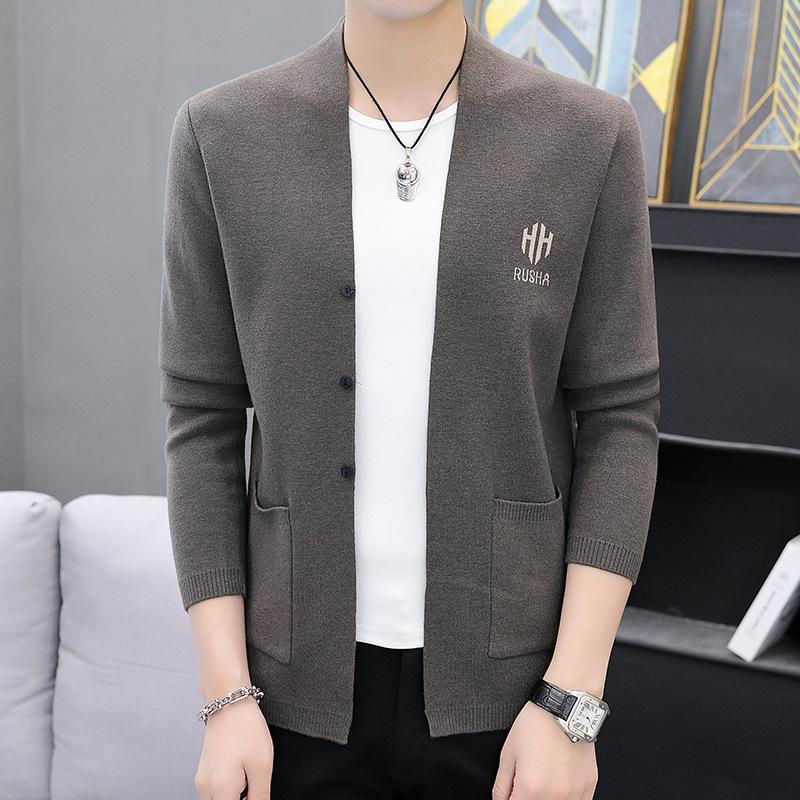 

Вязаный кардиган с мужскими моделями, осенне-зимний новый простой молодежный кардиган с карманами, свитер, классическое пальто XXXXL серый