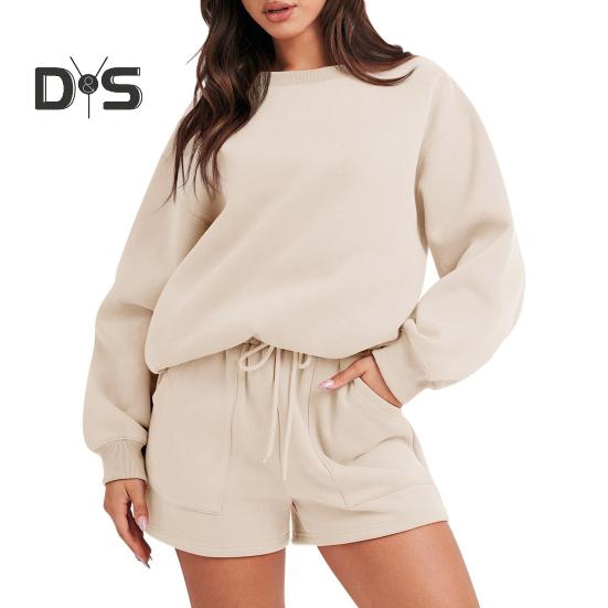 

2 шт./комплект женский свитер шорты комплект свободный однотонный цвет завязка эластичный пояс длинный рукав круглый вырез эластичные манжеты мягкие карманы леди осень весна M бежевый