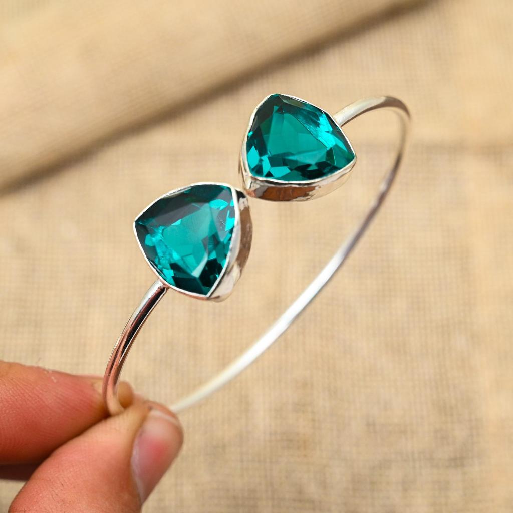 Pretty Indicolite Gemstone 925 Solid Sterling Silver Handmade Jewelry Bangle For Women
