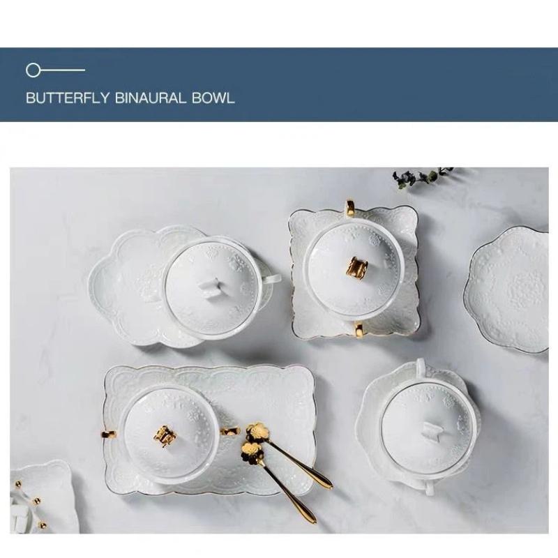 European Embossed Butterfly Ceramic Bowl with Lid & Double Handles, Breakfast, Dessert & Oatmeal Bowl